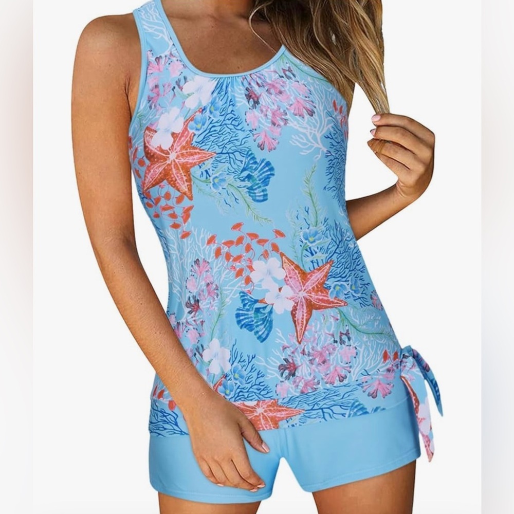 NWT, Womens Two Piece Swimsuits Tummycontrol Tankini, Light Blue, XXL C14